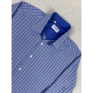 Duchamp Shirt Mens 15.5 39 Blue Gingham Tailored Fit Dress Long Sleeve Stretch